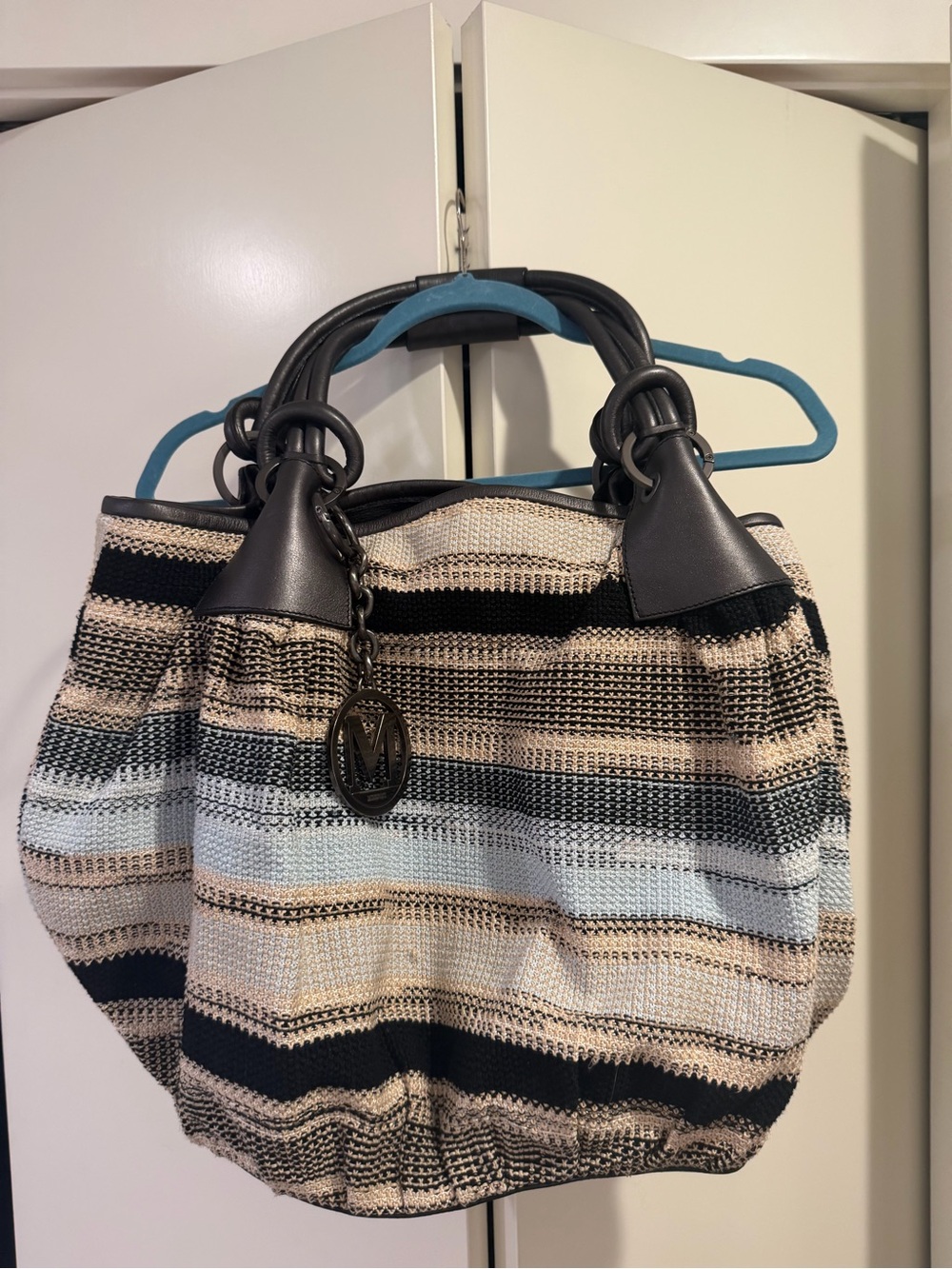 Missoni Striped Woven Shoulder Bag in Black, Cream, Light Blue